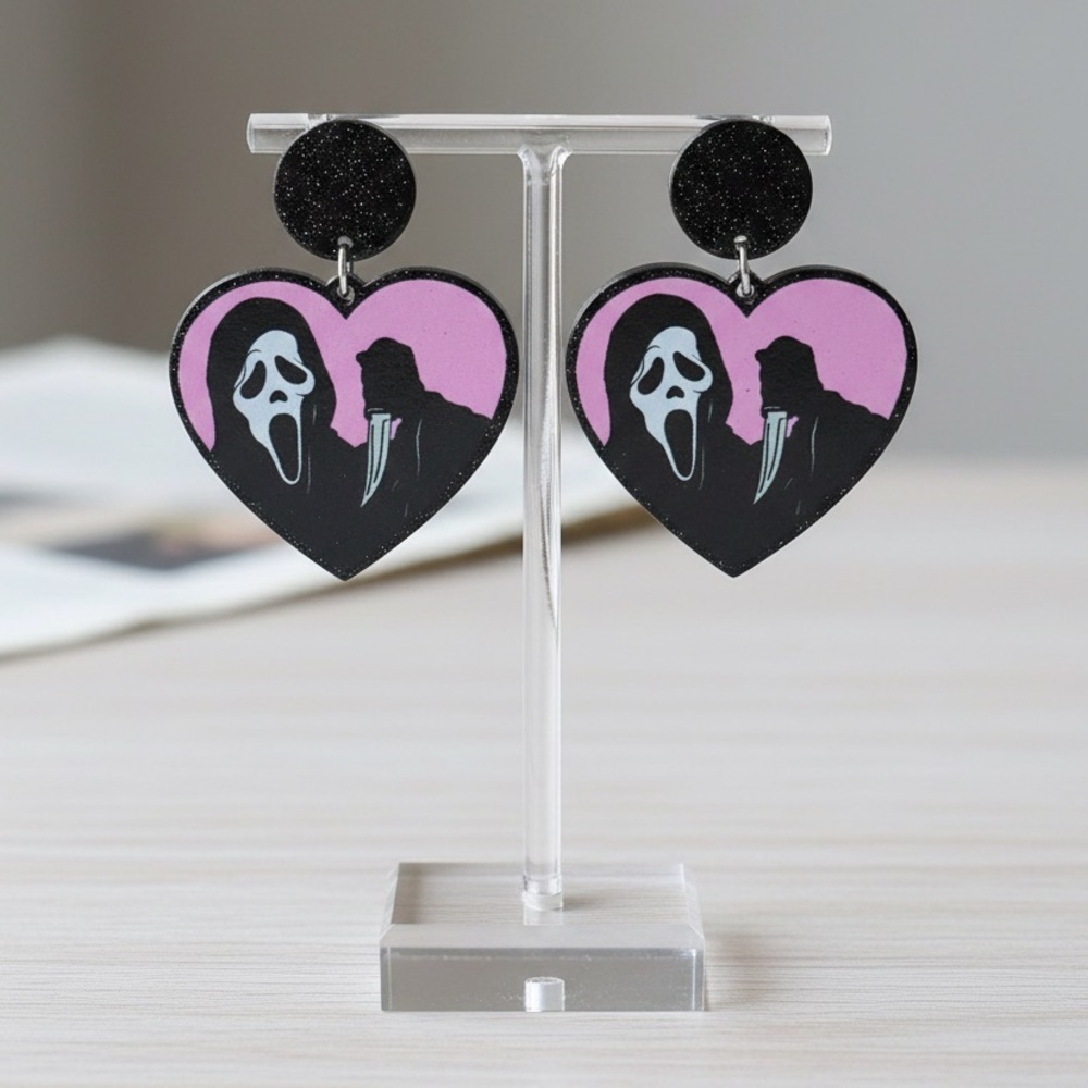 SCREAM Heart-Shaped Pink and Black Earrings - Picture 2 of 7